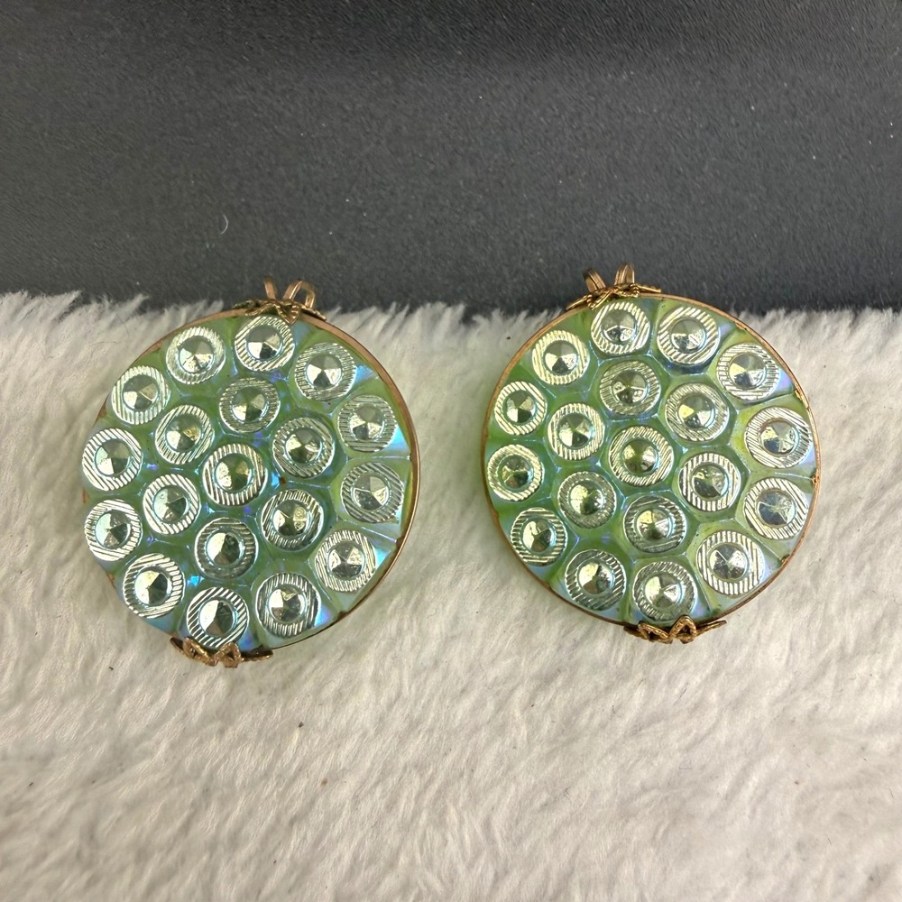 Vintage Czech Glass Earrings Green Round Clip On Estate